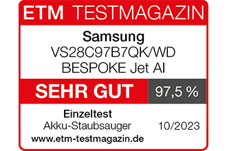 * ETM Testmagazin, SEHR GUT (97,5 %), Ausgabe 10/2023, Samsung VS28C97B7QK/WD Bespoke Jet AI. Einzeltest.