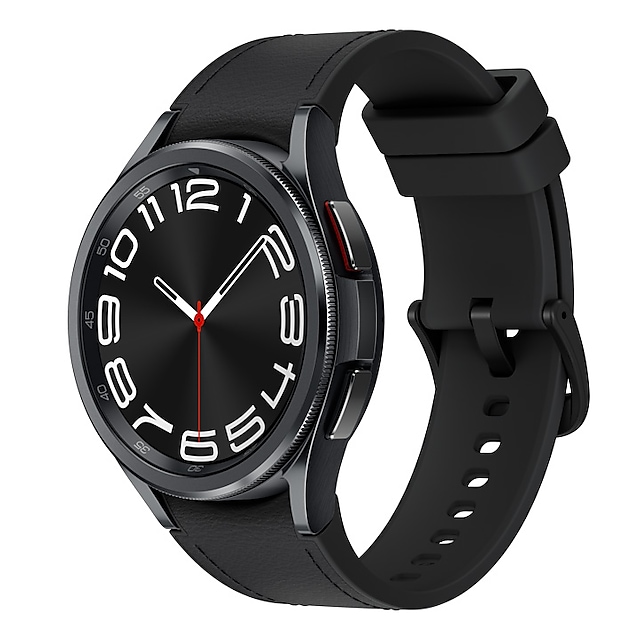 A black Galaxy Watch6 Classic with a black hybrid eco-leather band at a tilted angle is shown.