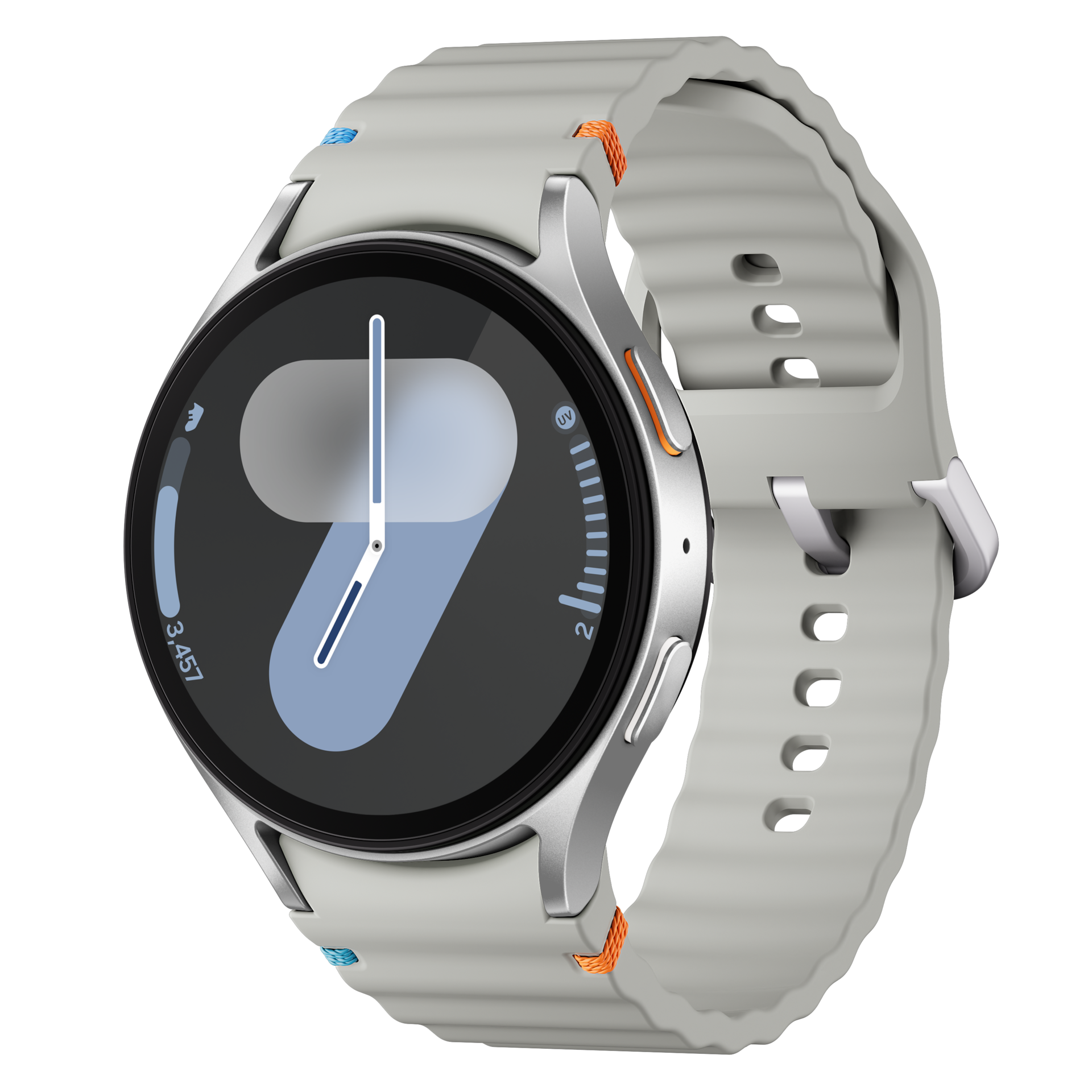A silver Galaxy Watch7 with a silver Sport band at a tilted angle is shown.