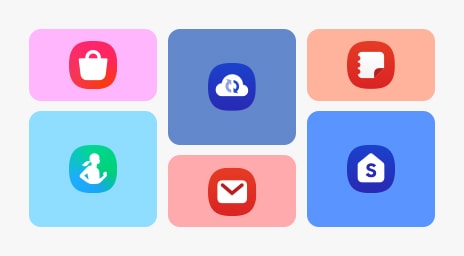 Six Galaxy app icons are shown including Galaxy Store, Samsung Health, Samsung Cloud, Email, Samsung Notes and One UI Home.