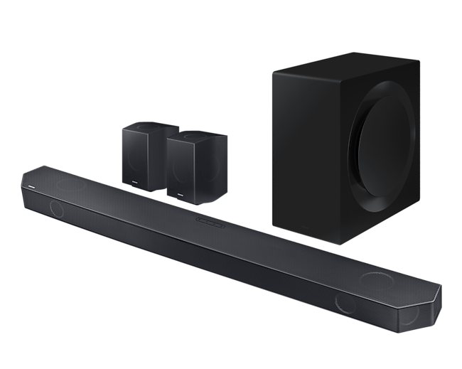 Latest Samsung Q Series Soundbar with Subwoofer (HW-Q990C/XM) - set-r-perspective view, Titan Black color at best price in Samsung Malaysia