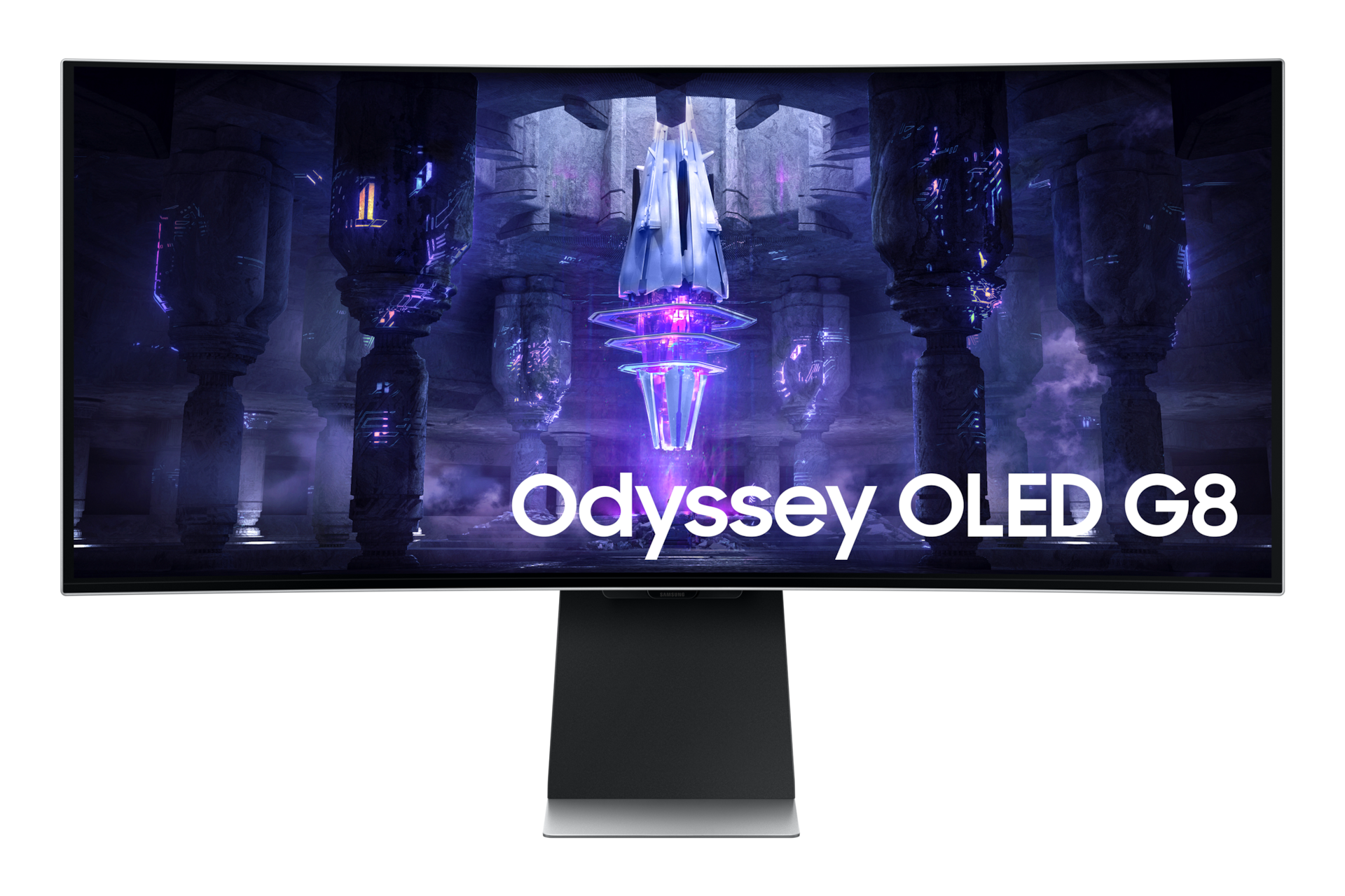 Right perspective view of the Samsung 34 inch Odyssey OLED G8 Ultra WQHD Curved Gaming Monitor.