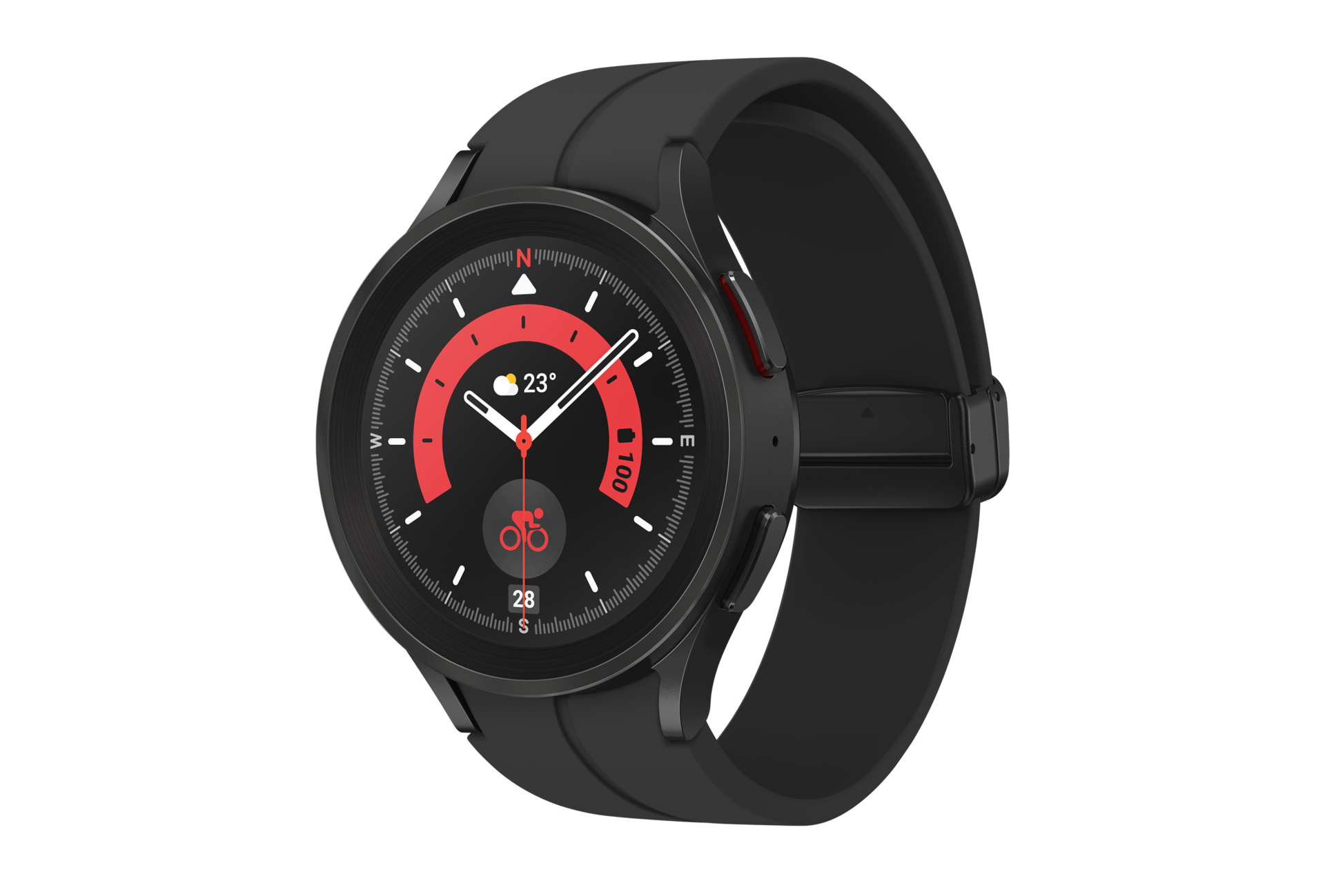 Diagonal front view of the Samsung Galaxy Watch 5 Pro Bluetooth in Black Titanium. Check out the specs and features at Samsung New Zealand.