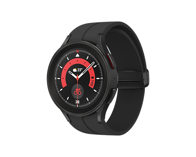 Diagonal front view of the Samsung Galaxy Watch 5 Pro Bluetooth in Black Titanium. Check out the specs and features at Samsung New Zealand.