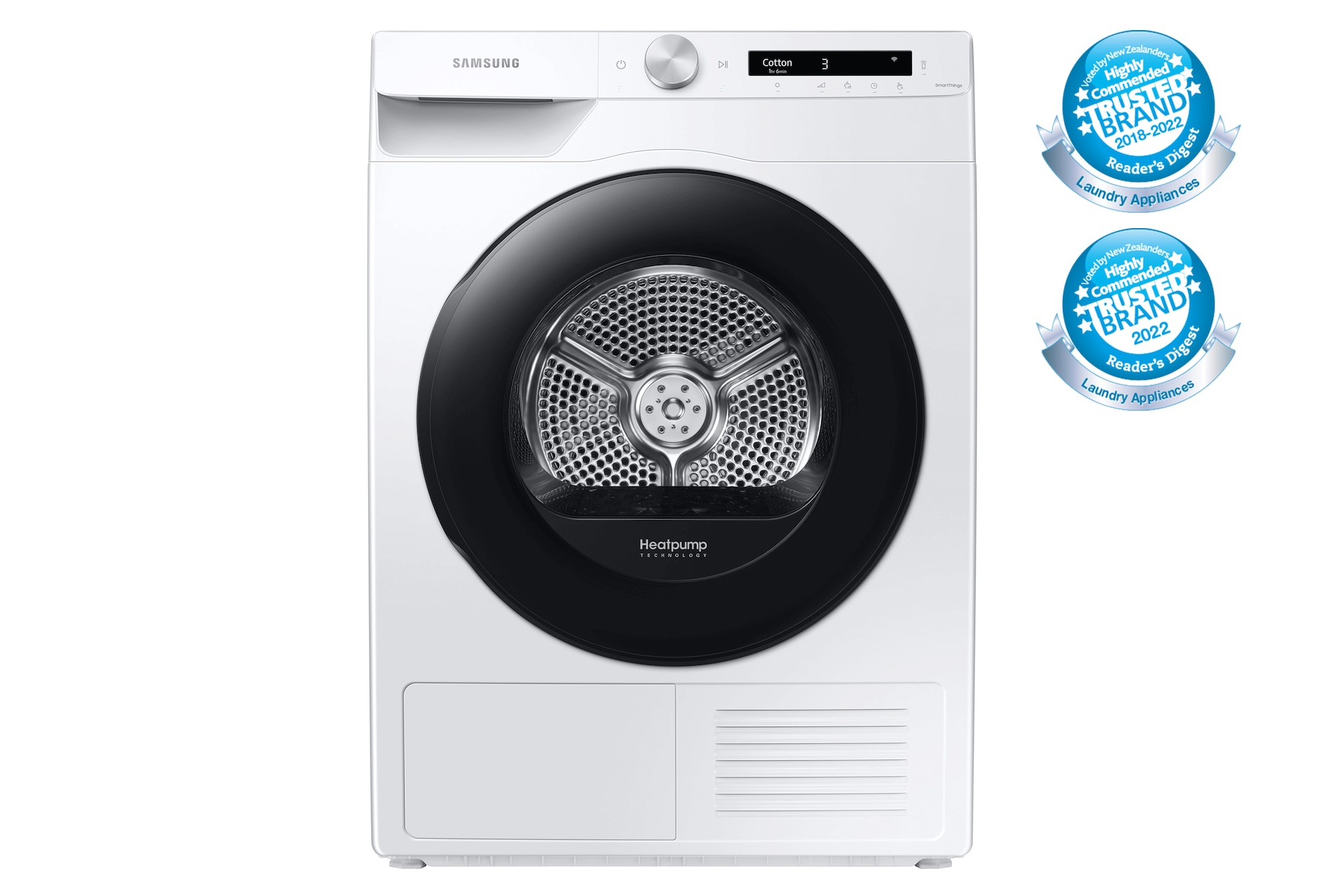 Front view of the Samsung 8kg Smart Heat Pump Front Load Dryer (DV80T5420AW) in white.