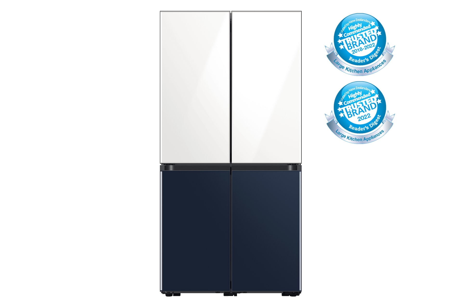 Front view of the Samsung 596L French Door Refrigerator (SRFX9500N) in Blue & White Colour.