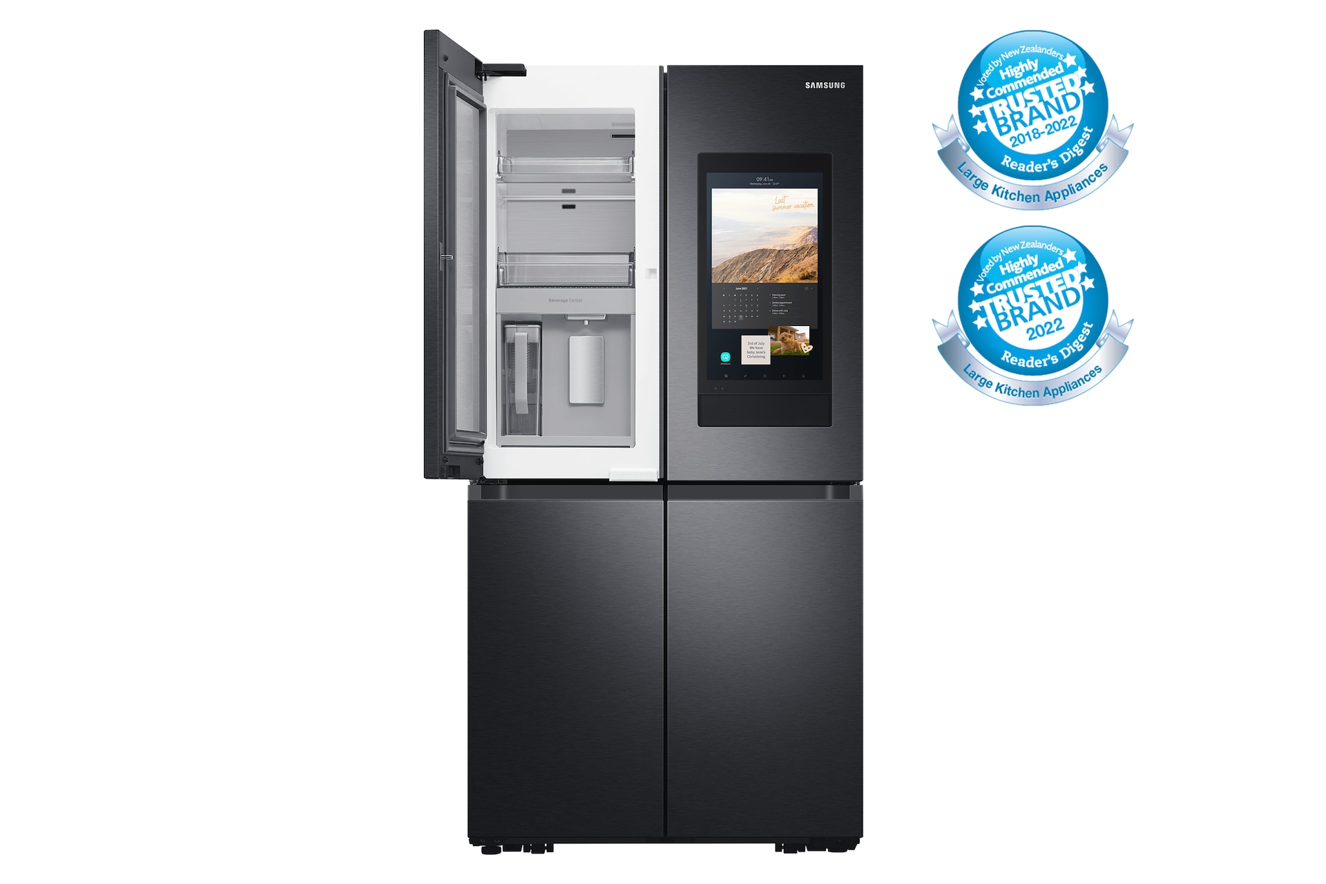 Front view of the Samsung 637L Family Hub French Door Fridge (SRF9300BFH) in Black colour with the left top door open with no food in it. 