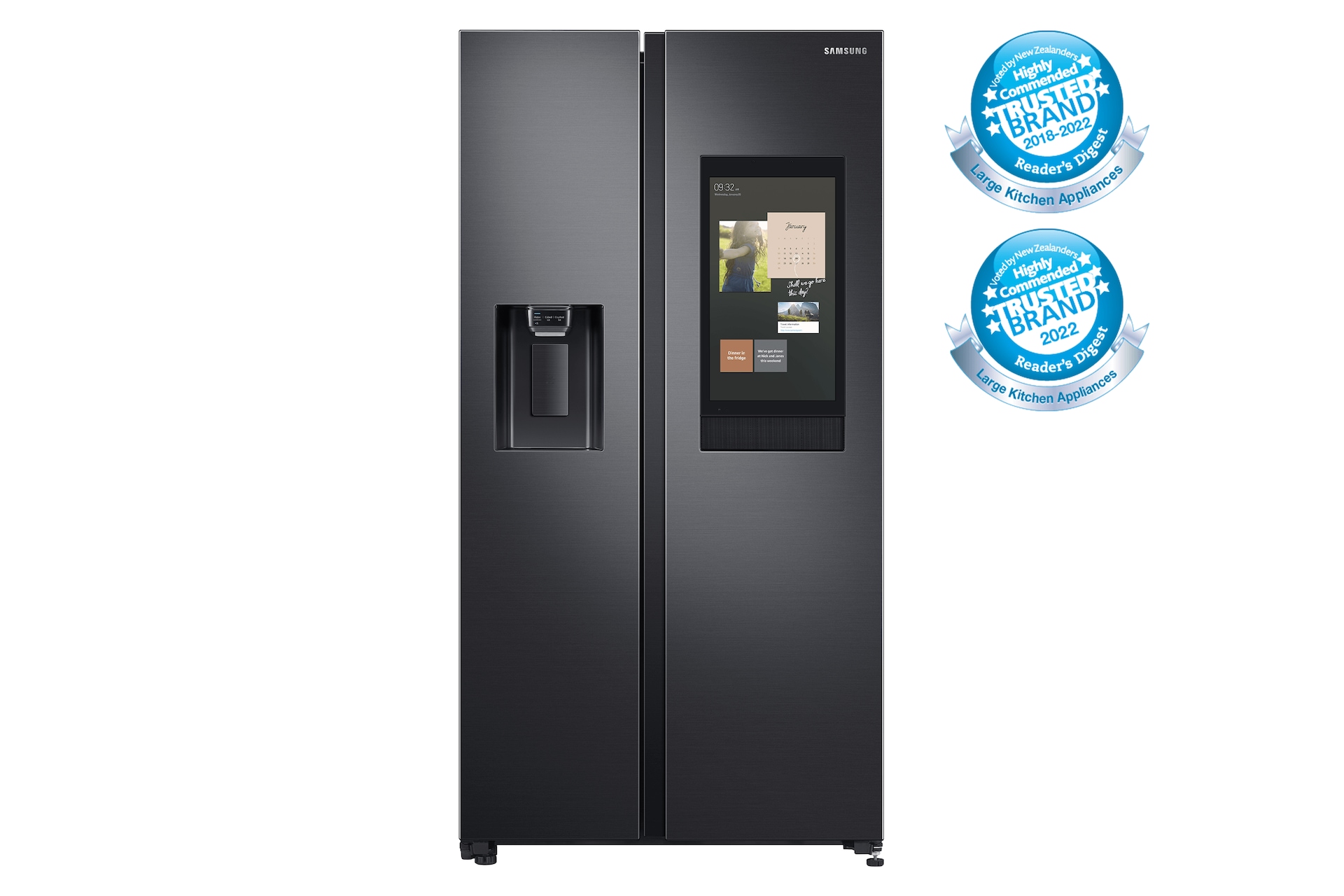 Front view of the Samsung 616L Family Hub Side By Side Fridge (SRS656MBFH4) in Black colour with the outer display on.