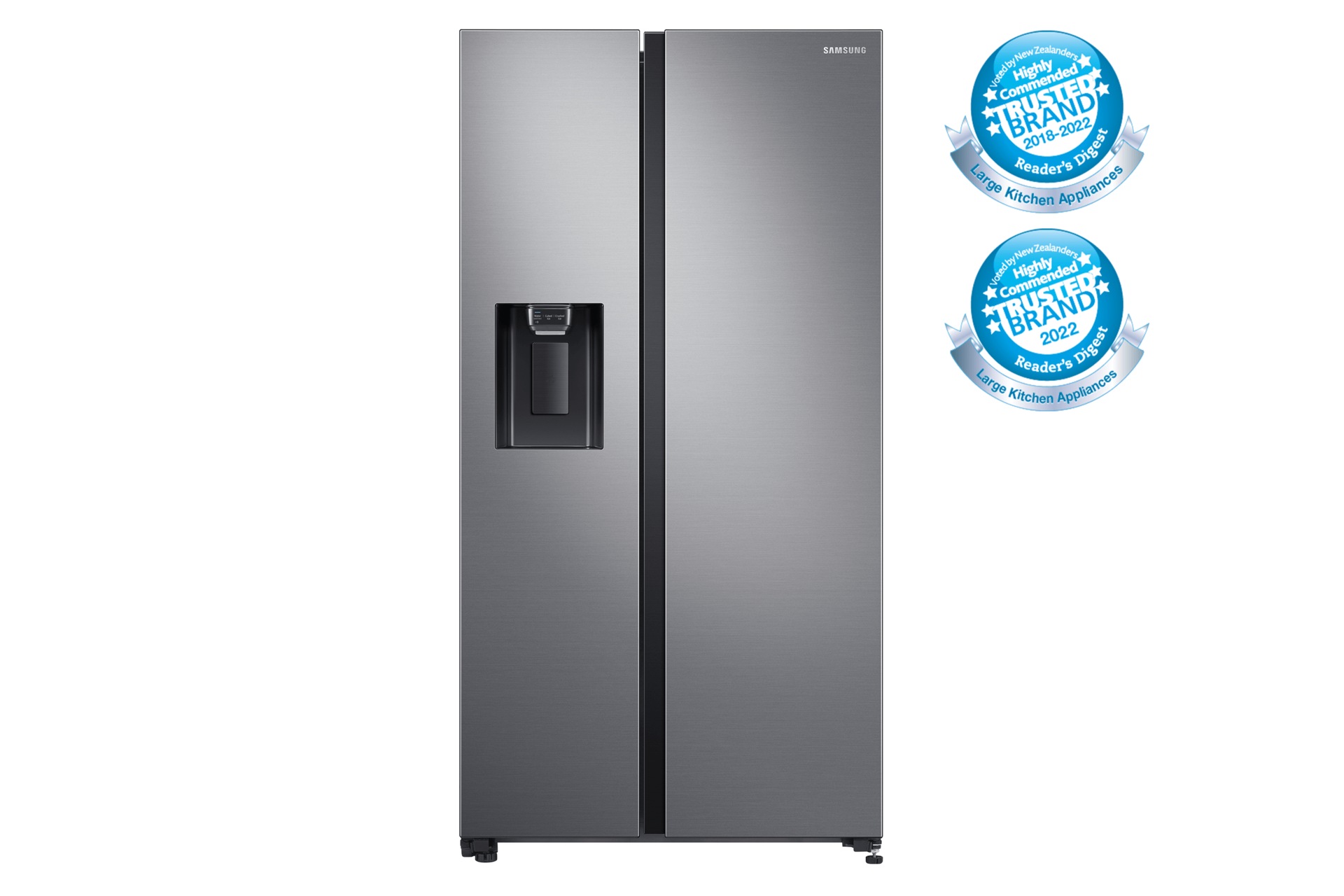 Front view of the Samsung 635L Side By Side Fridge (SRS675DLS) in Silver colour.