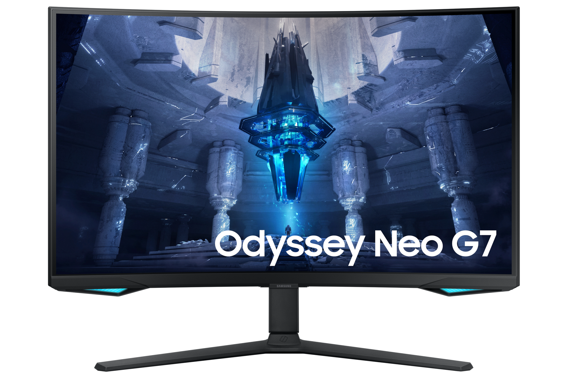 Monitor dla graczy Odyssey G75NB 32 cale (LS32BG750NPXEN) - widok z przodu z logo Odyssey G7