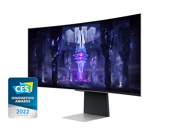 A 34 inch Samsung Odyssey G8 OLED gaming monitor on a white background next to a 2022 CES Innovation Awards Badge.