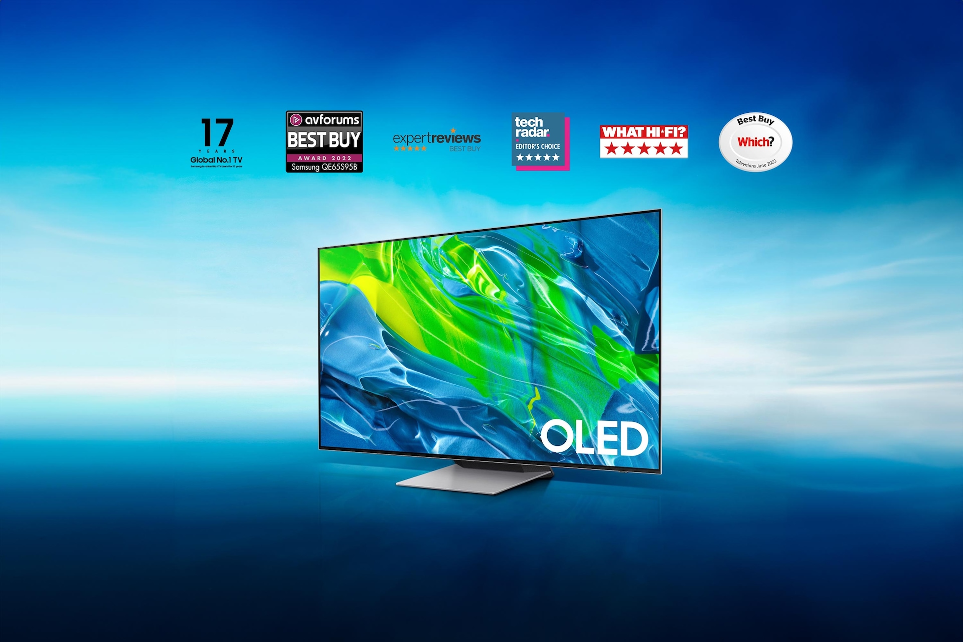 : A Samsung S95B 55 Inch OLED TV QE55S95BATXXU with Dolby Atmos and Quantum Dot Technology standing on a blue and white background. 