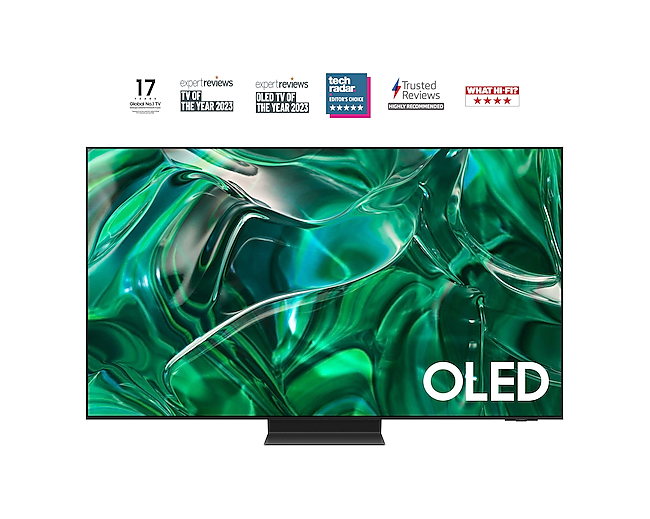 A Samsung S95C 65 Inch OLED TV QE65S95CATXXU with Dolby Atmos and Quantum Dot Technology on a white background. 