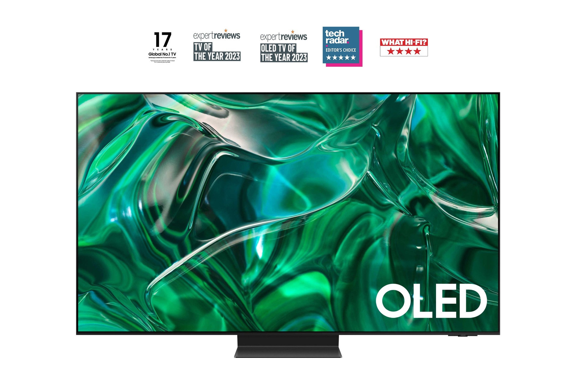 A Samsung S95C 65 Inch OLED TV QE65S95CATXXU with Dolby Atmos and Quantum Dot Technology on a white background. 