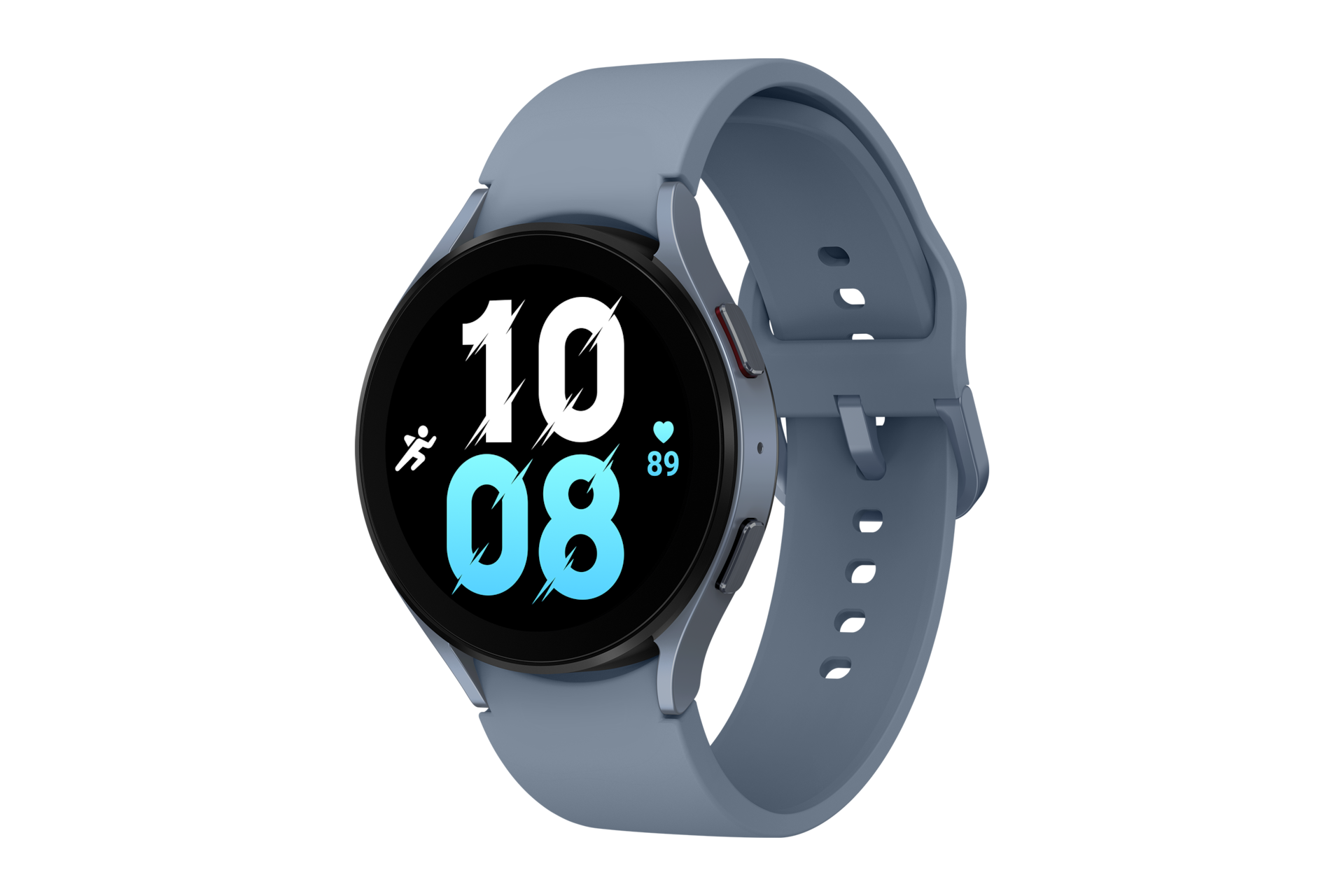 Khám phá mặt nghiêng phải với màn hình hiển thị độc đáo, dây đeo thời trang đang đóng lại của đồng hồ Watch5 Pro Bluetooth 44mm (SM-R910NZBAXXV) màu xanh!