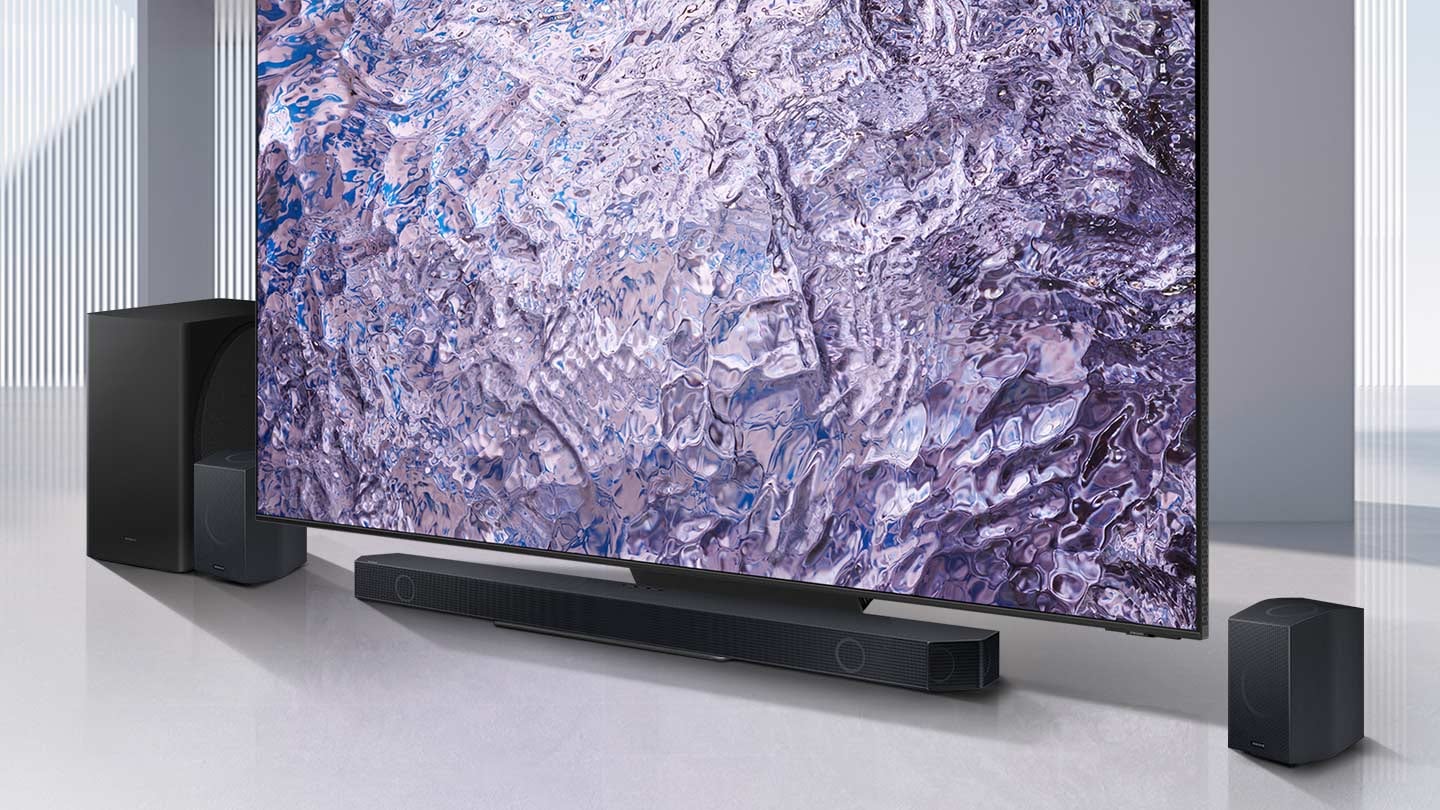 Samsung Q series Soundbar, subwoofer and rear speakers with QLED TV.
