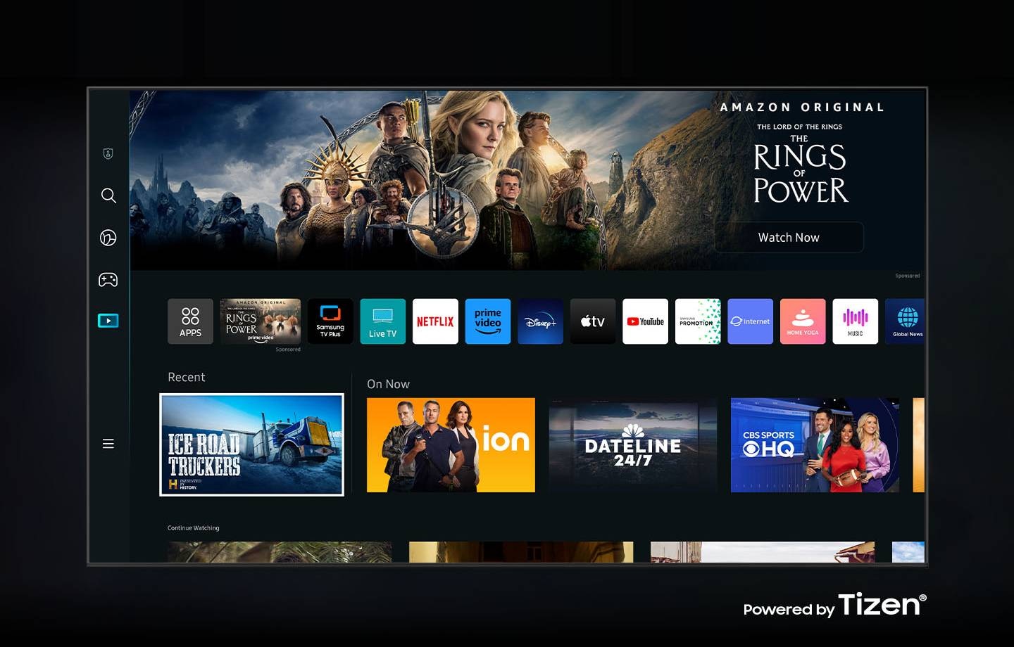 The new Smart Hub UI powered by Tizen is displayed to show a wide variety of OTT services and content being serviced.