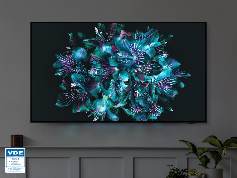 OLED TV is displaying a colorful flower-like pattern on its screen. The color details of the flower are very vivid. VDE eye care certification logo is on display. 