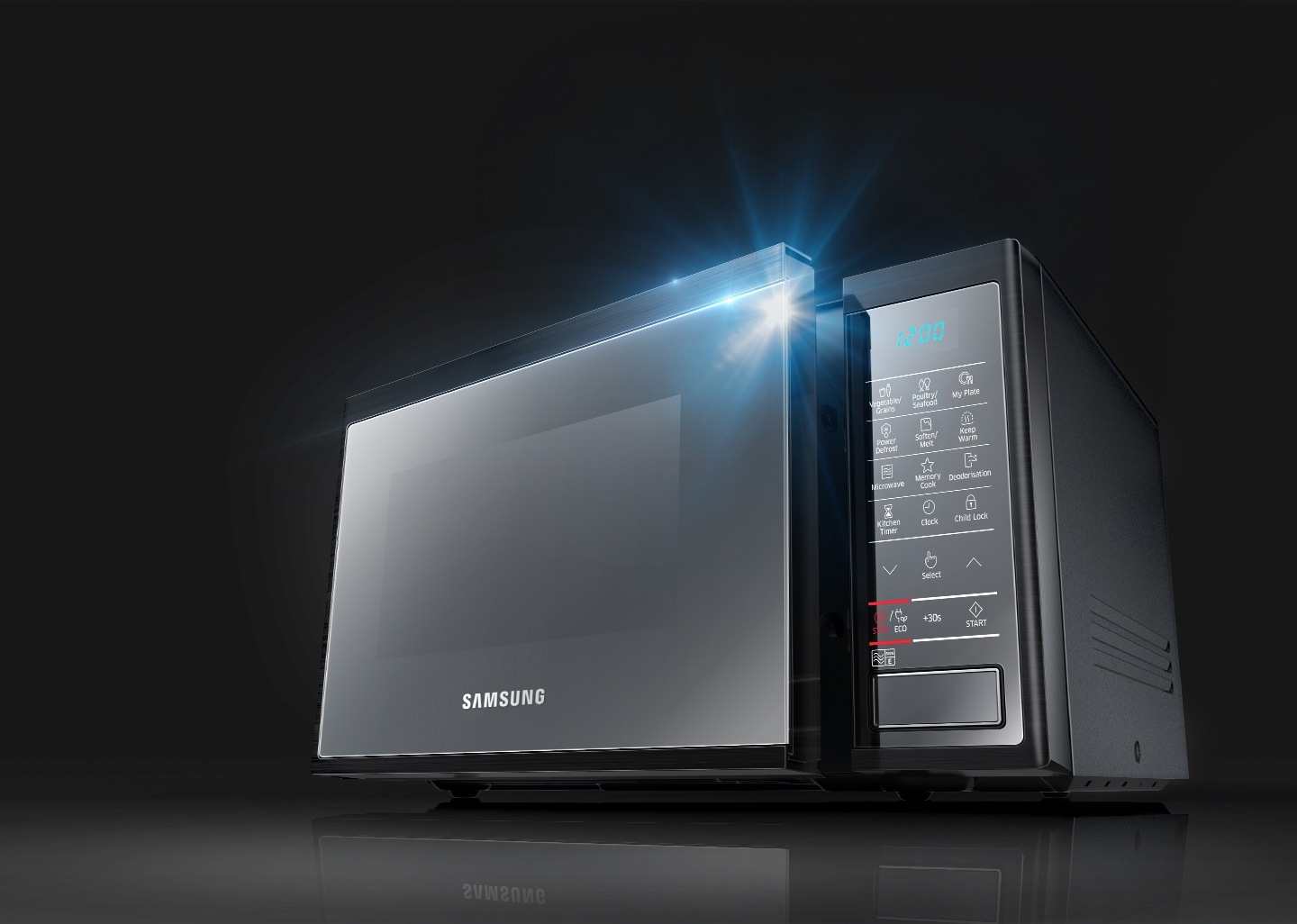 El horno microondas más reciente de Samsung, el modelo MW5100J, te ofrece un estilo perfectamente a la medida de tu cocina. Se considera detenidamente el estilo tanto en la tendencia de diseño de los colores, los materiales y el acabado (en inglés, CMF) como en los factores de funcionalidad. En el diseño de CMF, Samsung utiliza acero inoxidable y espejo.