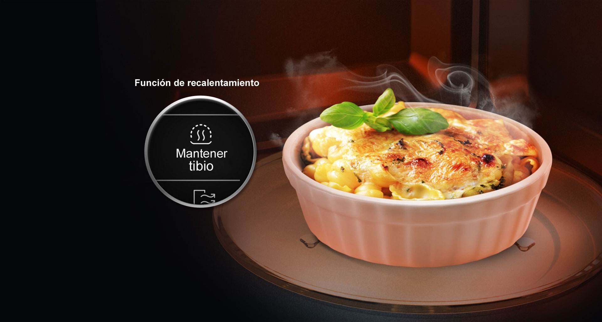 La función de recalentar alimentos mantiene los alimentos tibios y a la temperatura adecuada, sin cocerlos de forma excesiva. Así permanecen llenos de sabor y textura, siempre son deliciosos, y saben como alimentos recién cocidos y listos para servir.