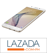 A logo of Lazada with a White J7 Prime device in front view. See J7 Prime specs or check Samsung J7 Prime price in the Philippines here