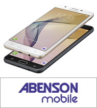A logo of Abenson Mobile with two devices of Samsung Galaxy J7 Prime in front view that sees a White device floats above a Black device