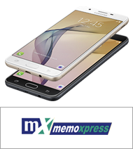 A logo of MX MemoXpress with two devices of Samsung Galaxy J7 Prime in front view that sees a White device floats above a Black device