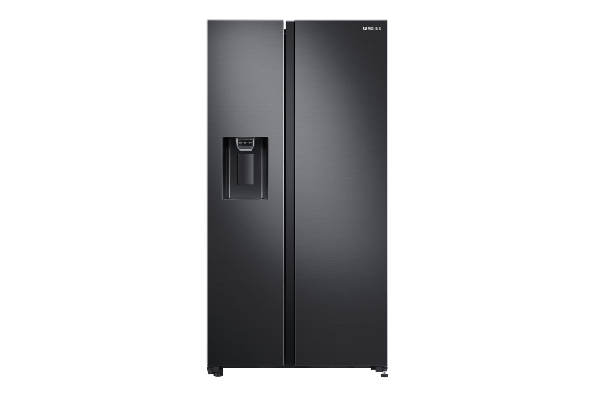 Front view of Samsung Side By Side with Ice and Water Dispenser Gentle Black Matte Refrigerator 23.9 Cu. Ft. (Black). Comes with stylish 2-door design.