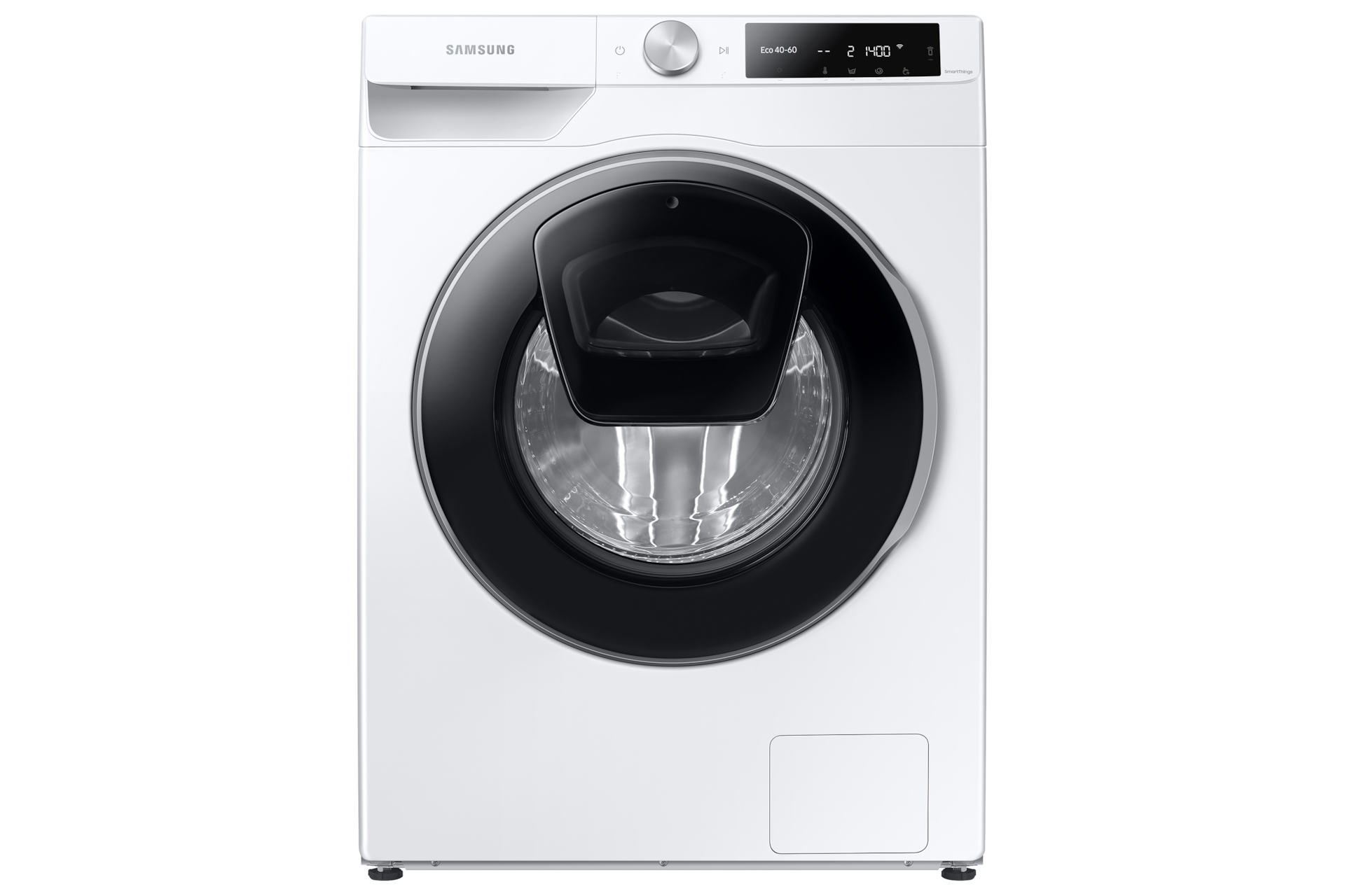 Przód energooszczędnej pralki Samsung Eco Bubble ™ z drzwiami AddWash ™ umożliwiającymi dodanie ubrań po rozpoczęciu cyklu prania - WW80T654DLE/S6