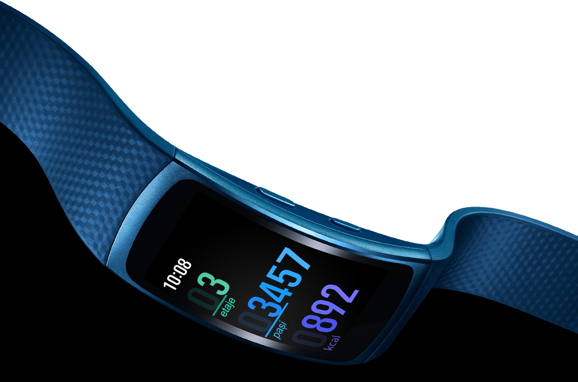 Un dispozitiv Gear Fit2 de culoare albastru, cu ecranul înclinat în jos, arătând cât de ușoară și flexibilă este brățara