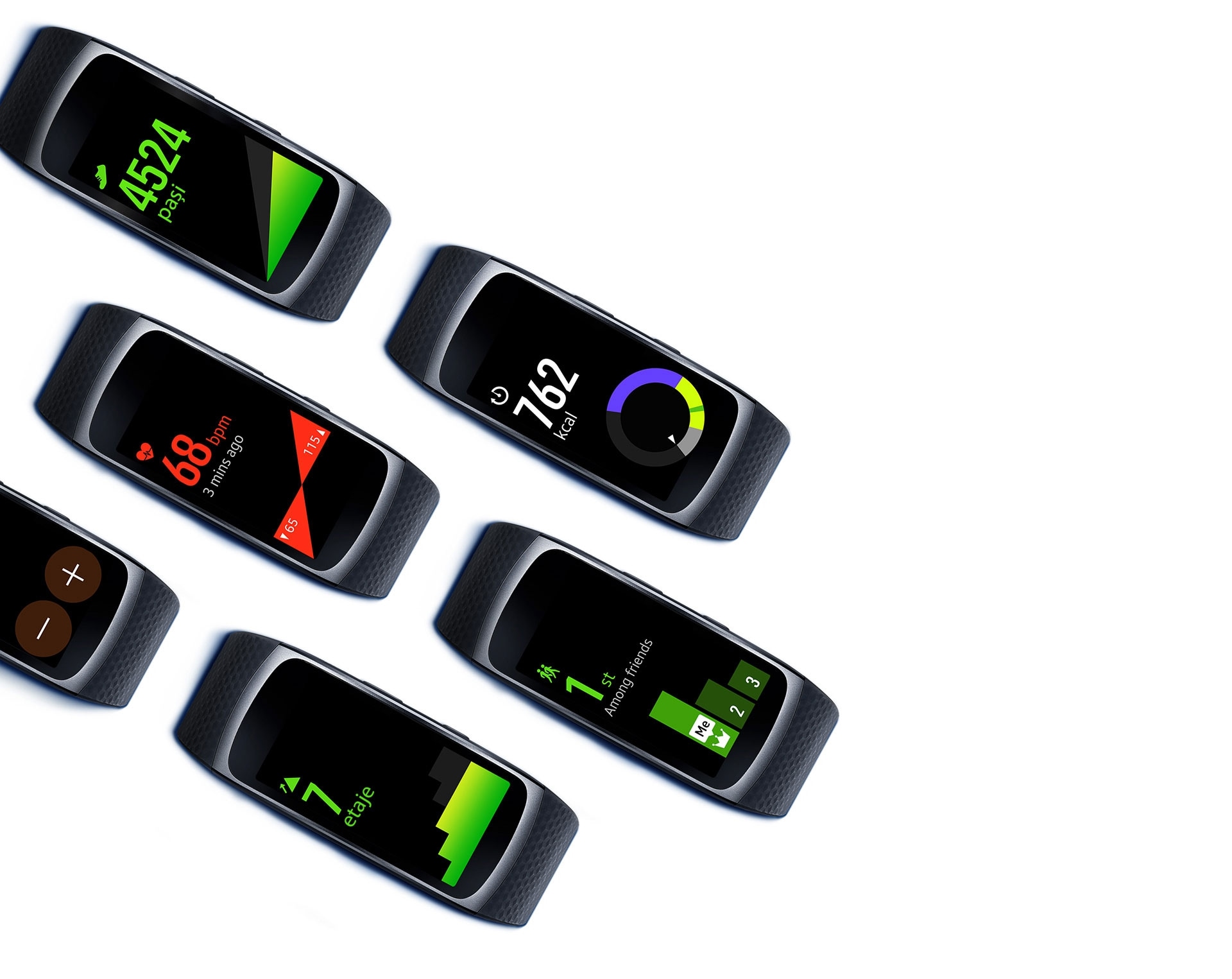 Diverse widgeturi de fitness afișate pe mai multe dispozitive Gear Fit2