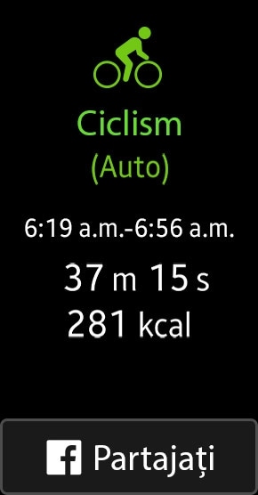 Captură de ecran a statisticilor de ciclism din modul urmărire automată al dispozitivului Gear Fit2 cu un buton pentru partajarea rezultatelor pe Facebook