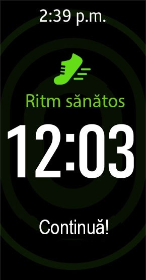 Dispozitivul Gear Fit2 monitorizând alergarea în modul urmărire automată și arătând pe ecran timpul și un mesaj motivant