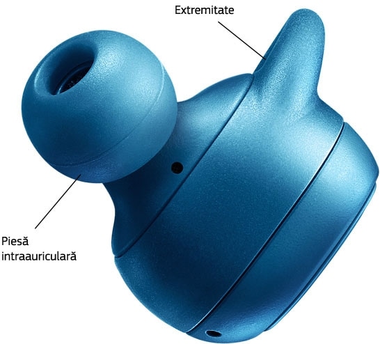 Căștile Gear IconX albastre văzute din lateral, prezentând extremitatea și piesa intraauriculară