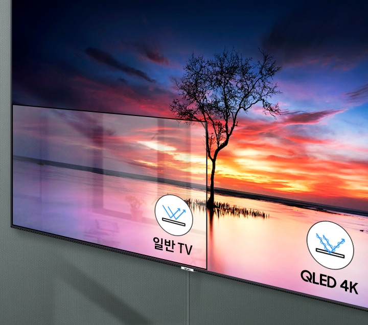 일반 TV와 QLED TV의 눈부심 방지 기술을 비교하고 있습니다.