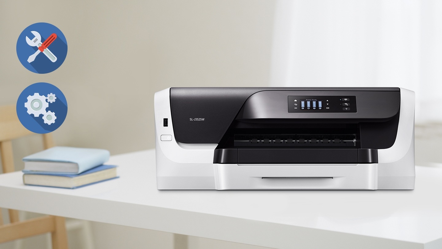 오른쪽에는 SL-J3525W 제품이 놓여져있고, 왼쪽에는 공구 아이콘과 나사 아이콘이 있다. 