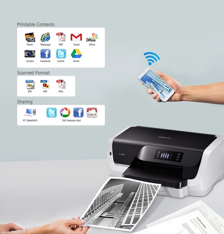 오른쪽에 스마트폰을 쥐고 있는 사람손과 프린터 제품이 있고 왼쪽에는 종이를 쥐고있는 사람손과 호환되는 컨텐츠들의 아이콘이 나타나있다. 