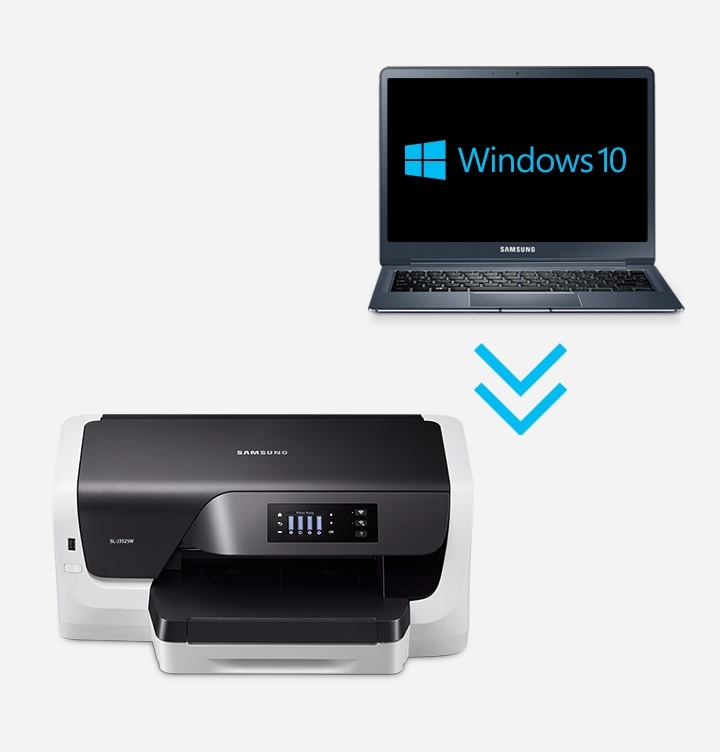왼쪽에 SL-J3525W 제품이 있고 오른쪽에 windows 10 을 다운로드 받을수 있다는 노트북 장면이 나타난다. 