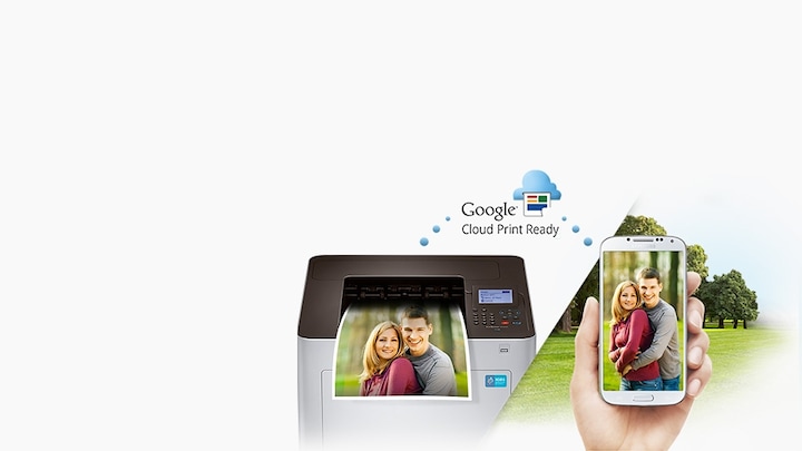 왼쪽에는 프린터 제품놓여져 있고, 오른쪽에는 스마트폰이 있으며 google cloud print 로 연동가능하다는 걸 짐작케 한다.