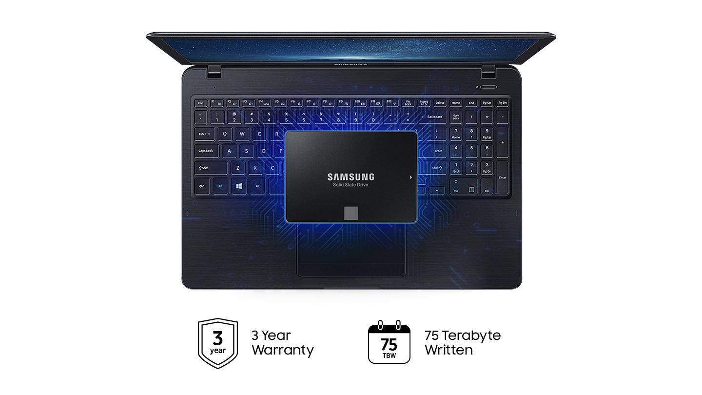 It shows the SSD product image placed on the laptop keyboard. 3Year Warranty, 75 terabytes Written