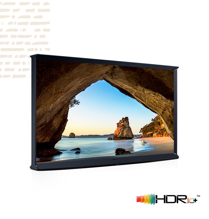 TV 스크린에 해변 모습과 HDR 로고