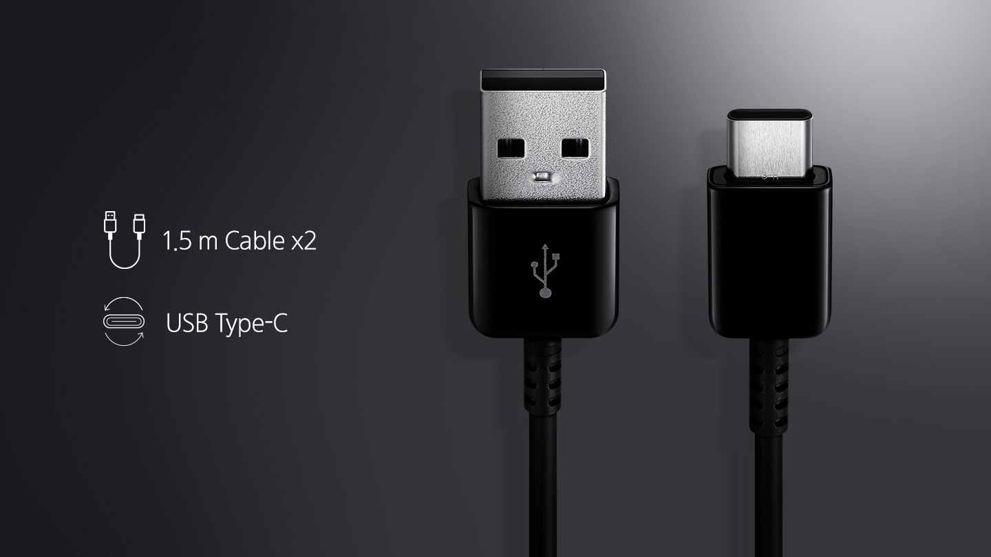 USB A to C 케이블 연결 단자가 보여지며 왼쪽에 1.5m Cable x2의 텍스트와 일러스트, USB Type-C의 텍스트와 일러스트가 보여집니다.