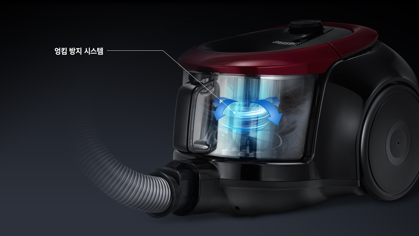 진공청소기 본체 왼쪽 45도 확대 컷에 엉킴 방지 시스템 문구가 엉킴 방지 시스템 회전하는 모습을 가리키고 있습니다.