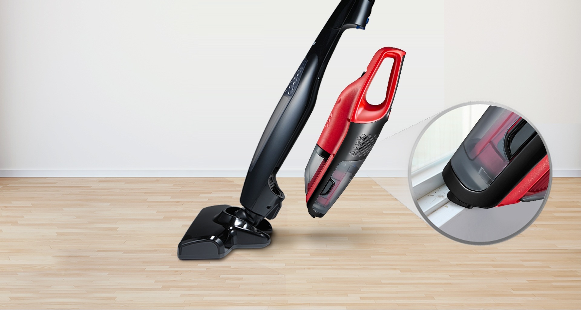 무선 핸디 스틱 청소기의 본체에서 핸디형 청소기가 분리되는 모습이 좌측에 표현되어있으며, 우측에는 분리된 핸디형 청소기로 창틀의 먼지를 청소하는 모습이 확대되어 표현된 이미지입니다.