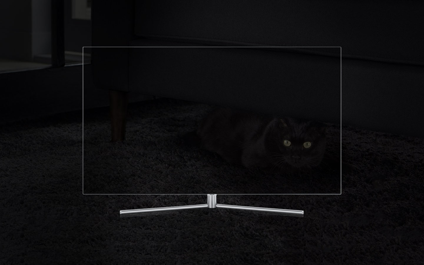 QLED TV 제품이 정면으로 놓여져 있고 화면 안에는 검정 카페트에 있는 검정 쇼파 아래 검정색 고양이가 숨어 있는 모습이 흐리게 보여집니다.