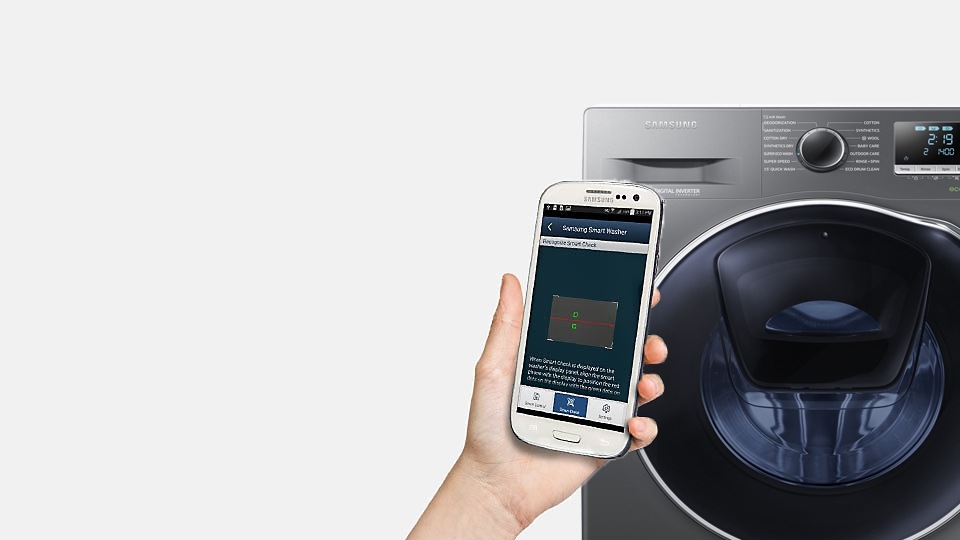 An image showing a user diagnosing washing machine issues on their smartphone next to a WW8500 machine.