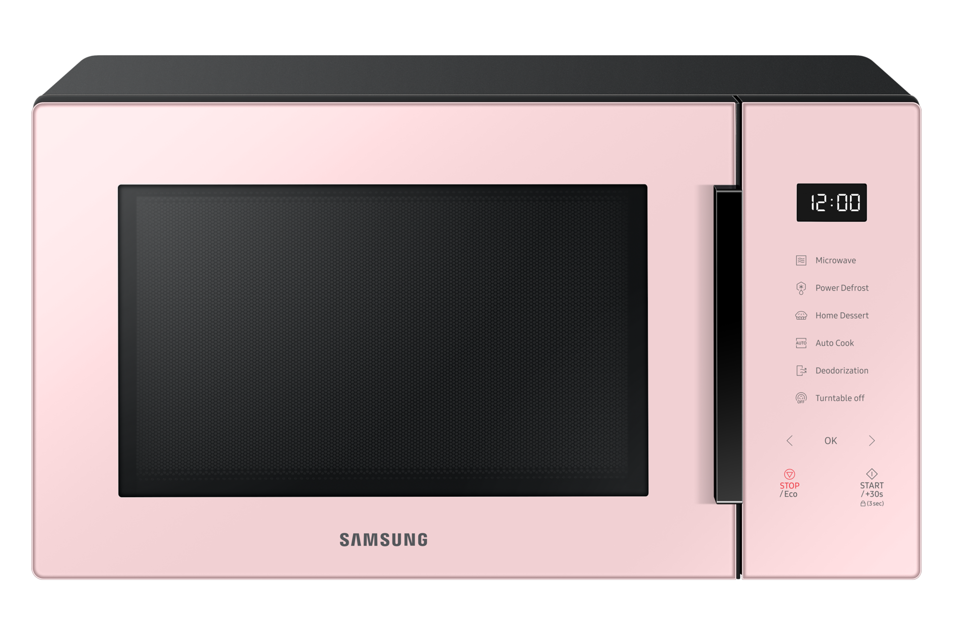 Front view of the Samsung Solo Microwave Oven 30L (pink) with Home Dessert technology for baking.