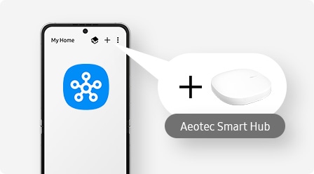 A smartphone displaying the SmartThings app logo is shown next to an Aeotec Smart Home Hub suggesting the pairing of the two devices