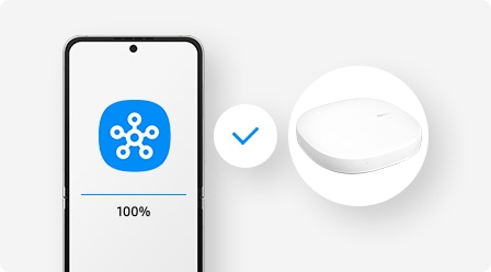 A smartphone displaying the SmartThings app logo and a loading bar at 100pc suggests successful pairing with Aeotec Smart Home Hub