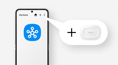 A smartphone displaying the SmartThings app logo is shown next to a plus icon and Aeotec Water Leak Sensor suggesting that the app is pairing with the device